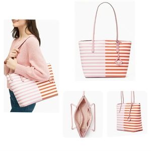 NWT Kate Spade Striped Tote Bag Zina Multi  Orange Pink Top Zipper NWT